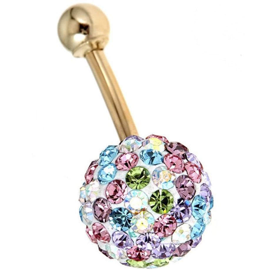 Belly Ring Bling: Solid Yellow Gold Belly Ring With Multi Colored Rhinestones In A Pave Look