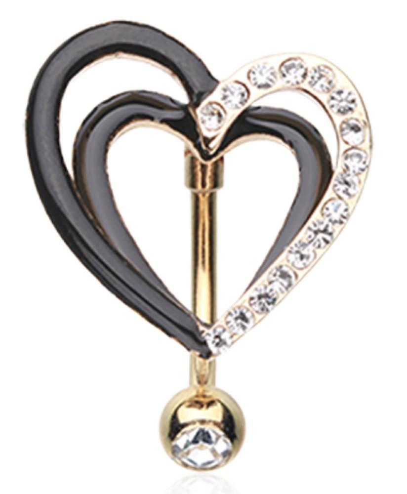 Belly Ring Bling:  Belly Button Navel Ring In Golden Sparkle Layered Heart with Rhinestones