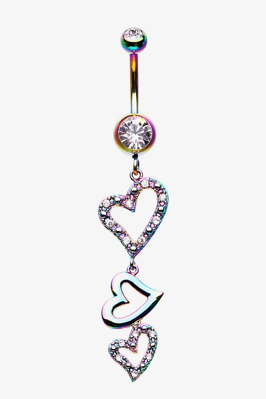 Belly Ring Bling:  Glittering Anodized Rainbow Hearts Navel Ring with Colorful Rhinestones