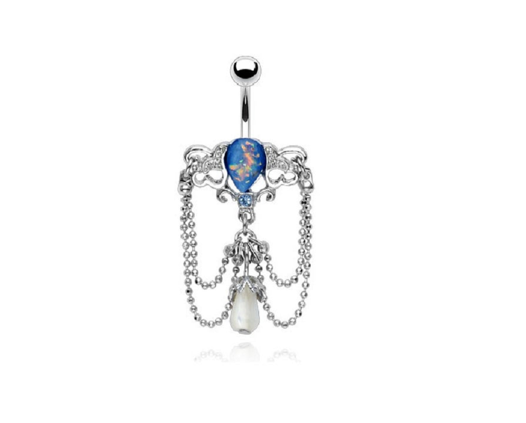 Belly Ring Bling: Blue Synthetic Opal Chain Vintage Chandelier Belly Navel Ring