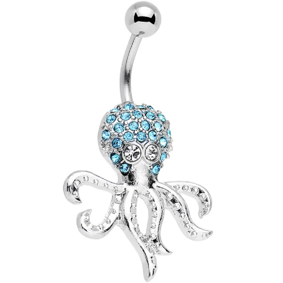 Belly Ring Bling:  Clear and Aqua Gem Paved Steel Octopus Belly Ring with Rhinestones