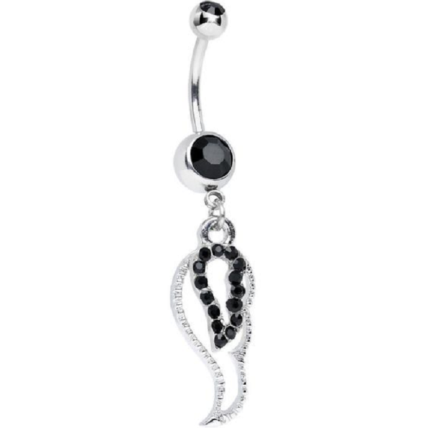 Belly Ring Bling: Glittering Black Gem with Sparkling Angel Wing Hollow Dangle Belly Ring