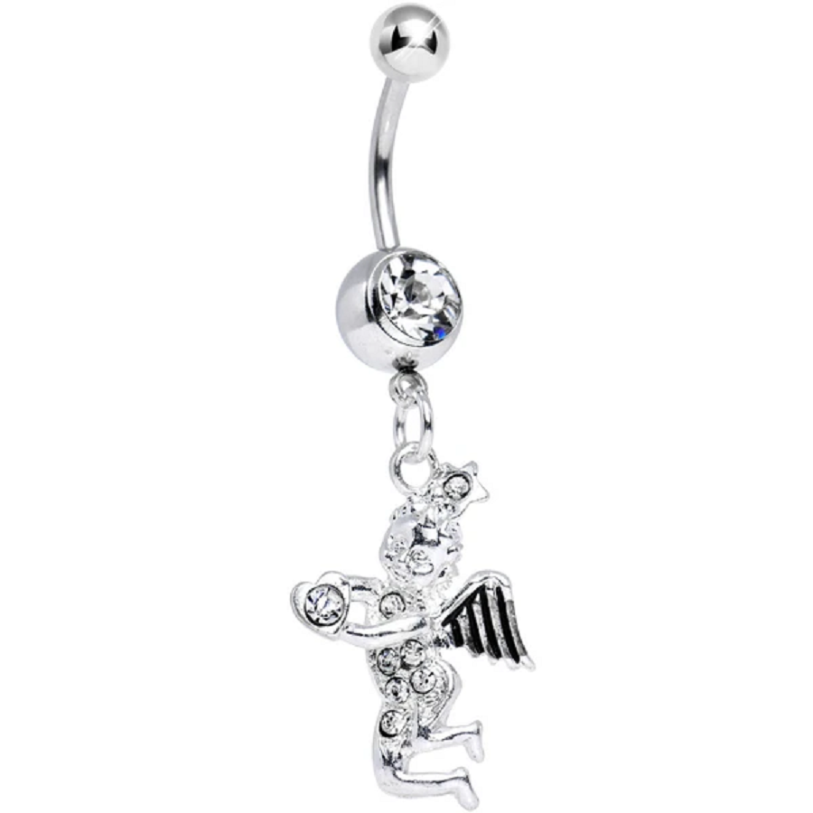 Belly Ring Bling: Crystalline Gem Cherubic Angel Dangle Belly Ring with Glittering Rhinestones