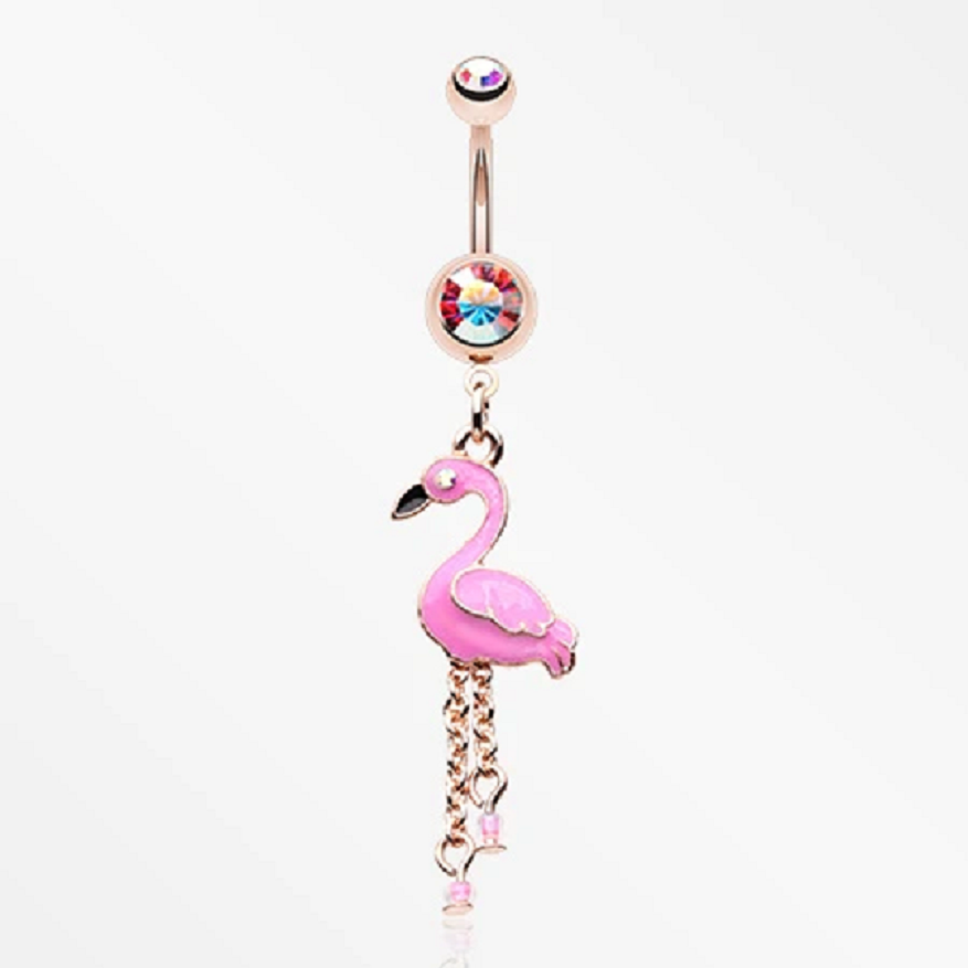 Belly Ring Bling: Dangling Golden Pink Flamingo Sparkle Belly Button Ring