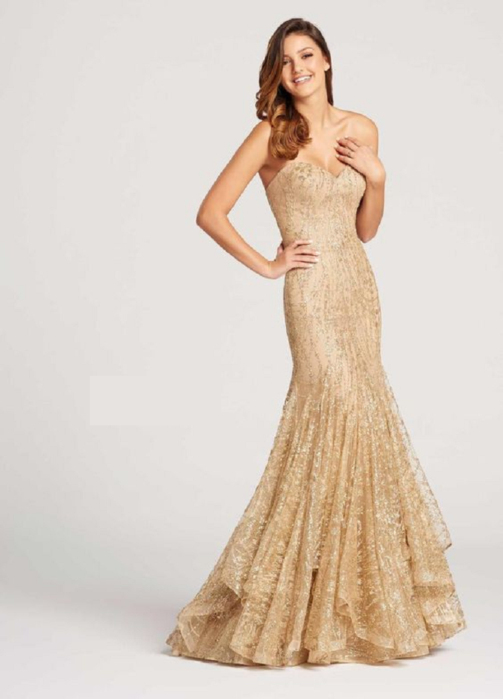 Gold sequin dresses Gold Sequin Off The Shoulder Sweetheart Neckline with Flared Hemline Gown