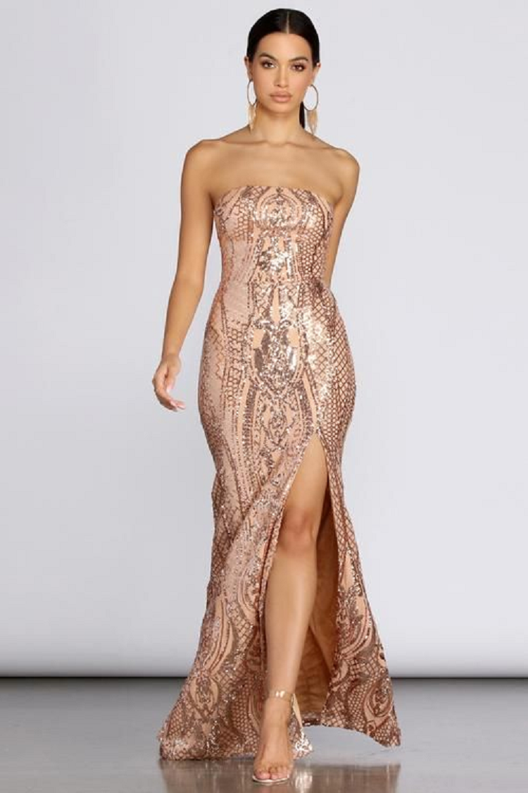 Gold sequin dresses Strapless Off The Shoulder Gold Sequin High Slit Gown