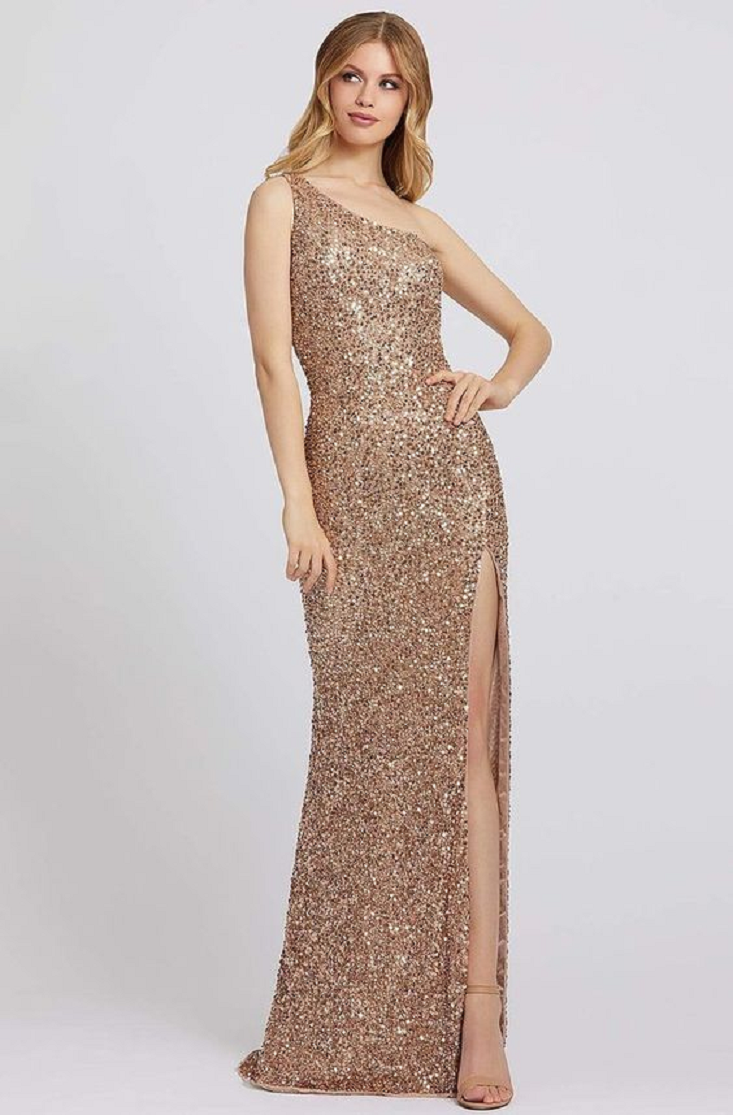 Gold sequin dresses All Over Sequined One Shoulder Evening Gown