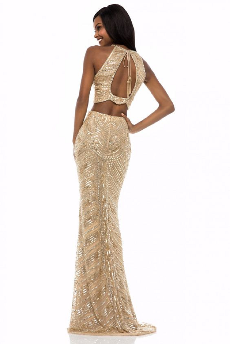 Gold sequin dresses Glittering Two-Piece Stunner Shows A Halter Neckline On A Scalloped Crop Top