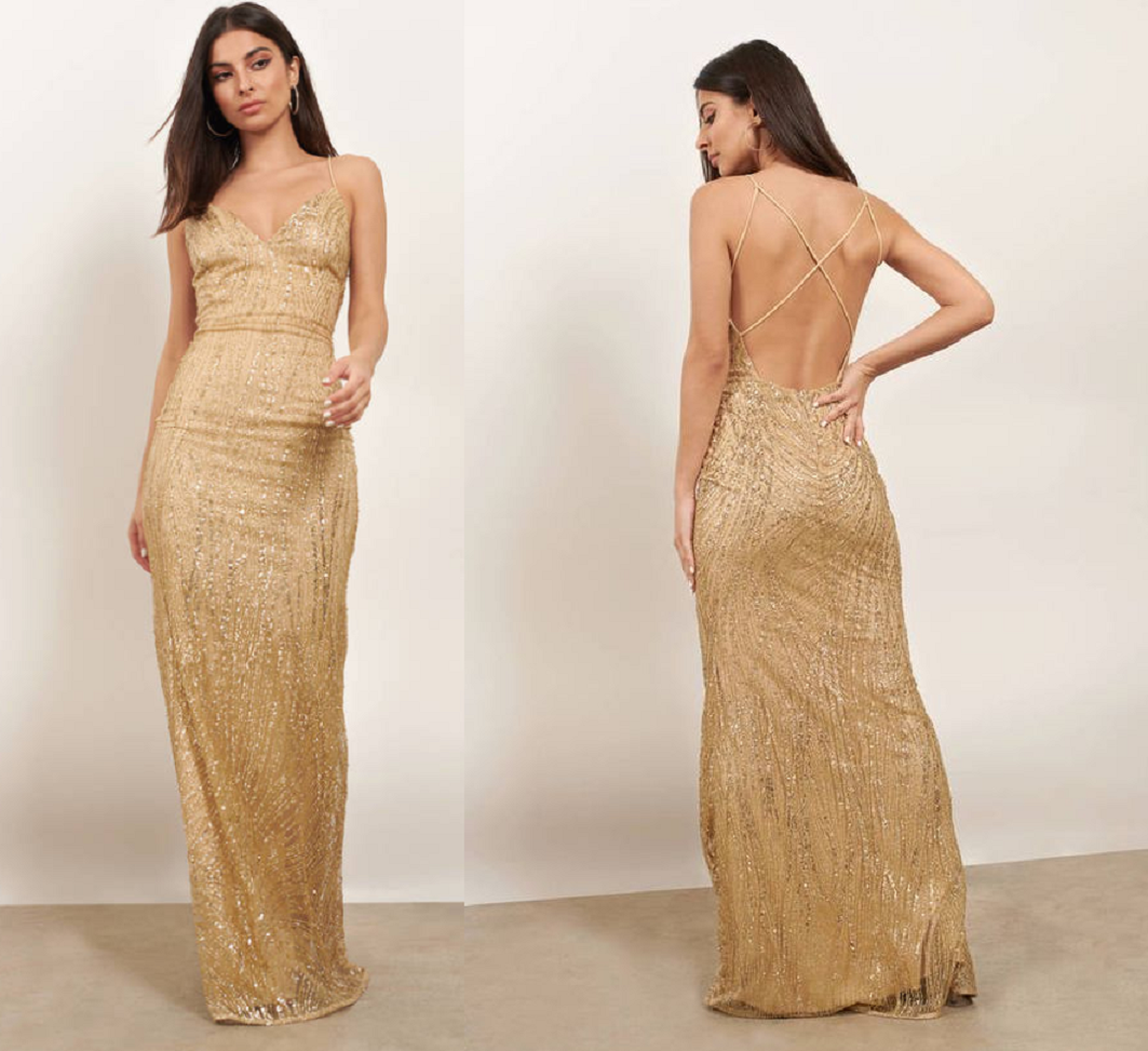 Gold sequin dresses Glitter Dust Embellished Maxi Dress in Gold Sequins with Open Back