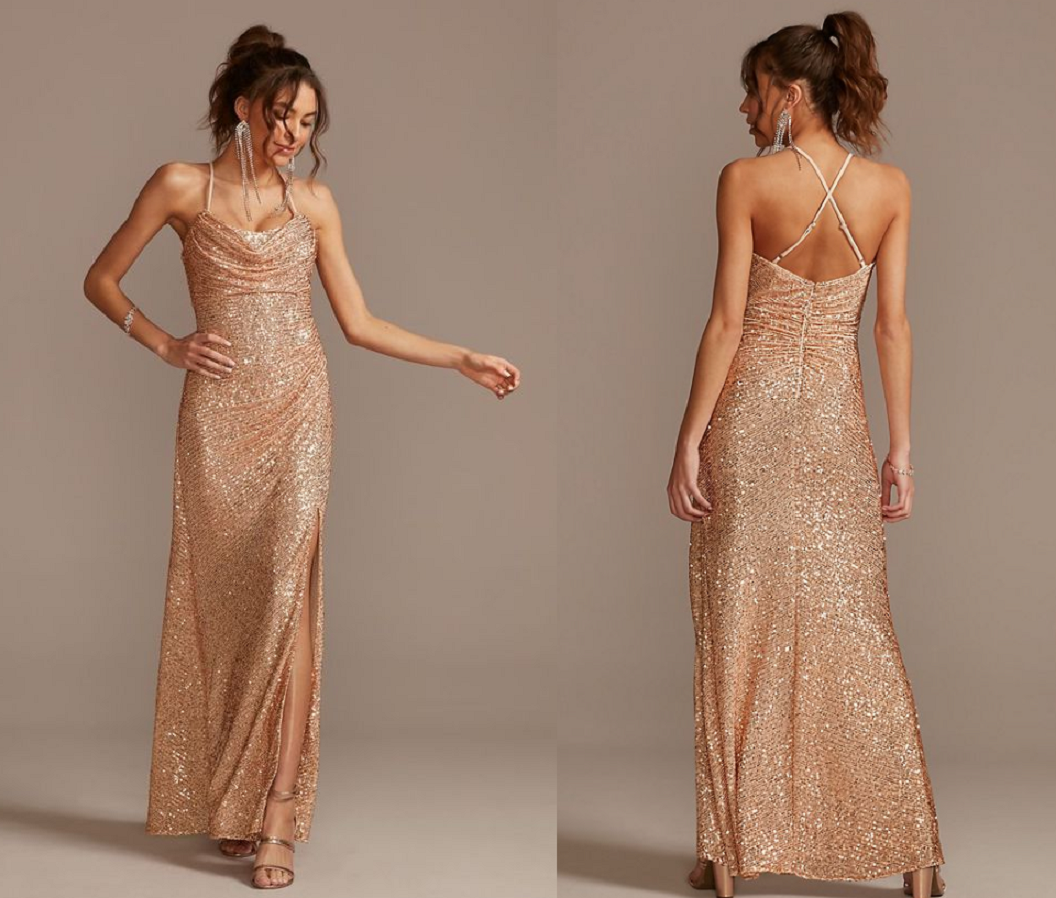 Gold sequin dressesGold Metallic Sequin Cowl Neck Slip Dress with Ruching