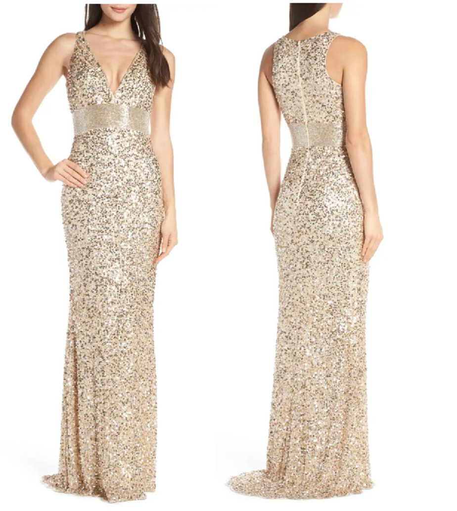 Gold sequin dresses This Dress Mixes The Striking V-Neck Column Gown with The Fiery Sparkle Allover Beading with A Dramatic Waistband