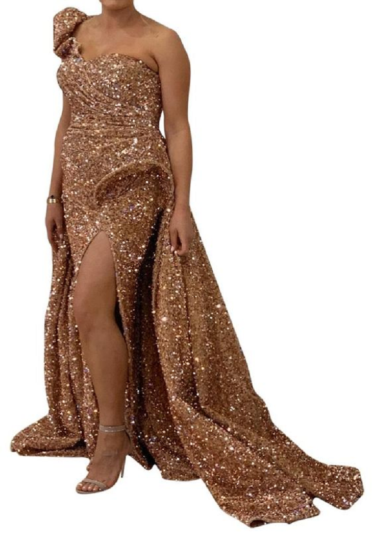 Gold sequin dresses Custom Made Gold Sequin Formal Gown with One Shoulder And High Slit and A Train Hemline