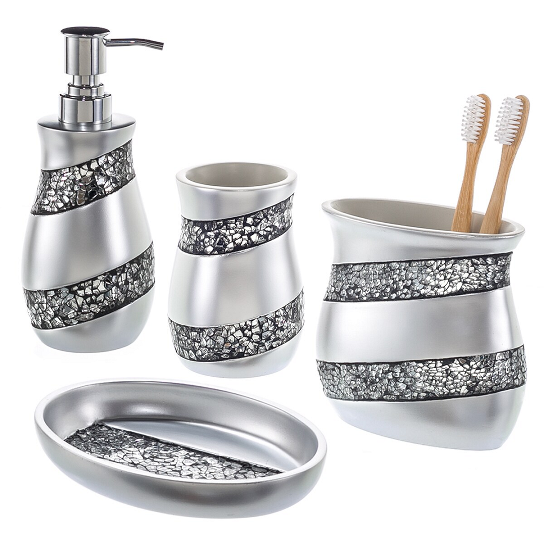 Bling for your bathroom Glittering Silver Mosaic Glass 4-Piece Bathroom Accessory Set