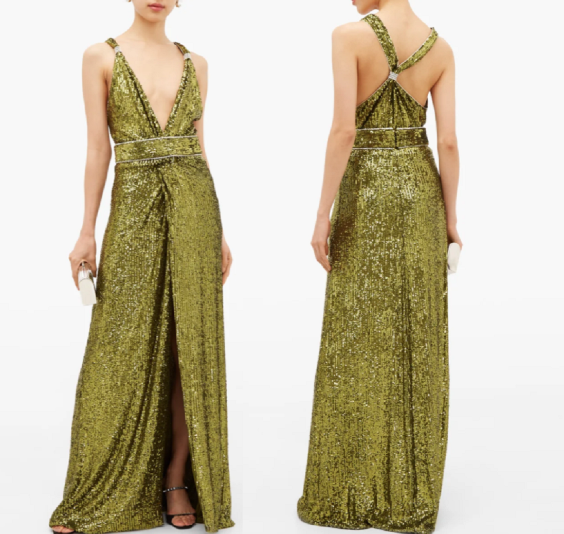 Gold sequin dresses Crystal-Embellished Sequinned V-Neck Dress with A Belted Flowing Skirt with A Deep Side Slit