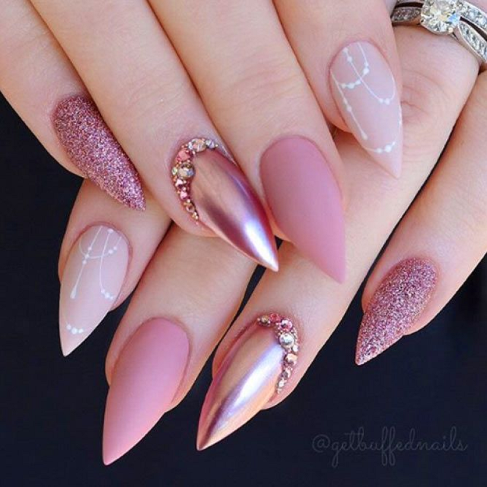 Bling fingernails Short and Sharp Nails with Pink Shade Nail Polish and Shimmering Rhinestones