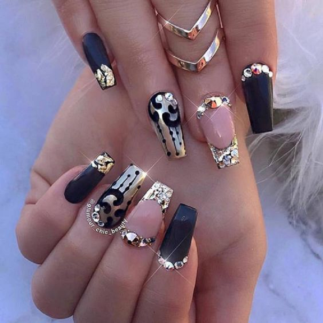 Bling fingernails Box Shaped Nail Tips with Black, Gold and Silver Nail Polish and Rhinestones