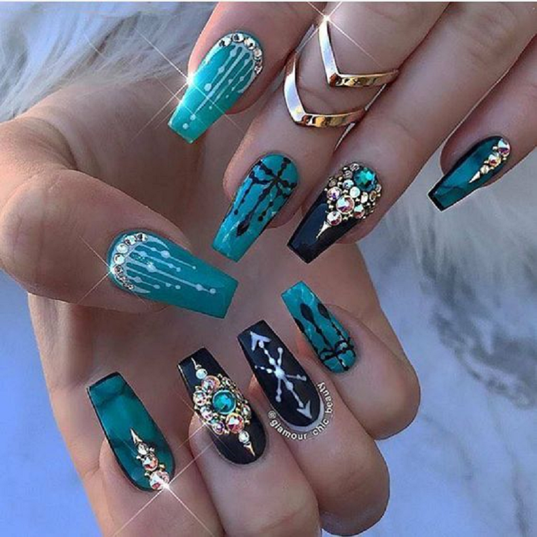 Bling fingernails Long Box Shaped Nail Tips with Green and Black Shade Nail Polish and Rhinestones