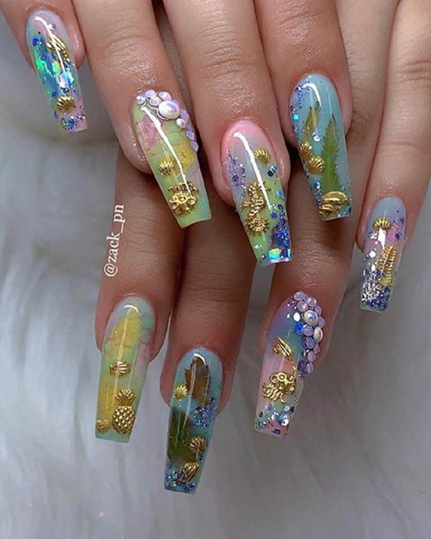 Bling fingernails Glittering Deep Under Water Inspired Nails Art with Rhinestones