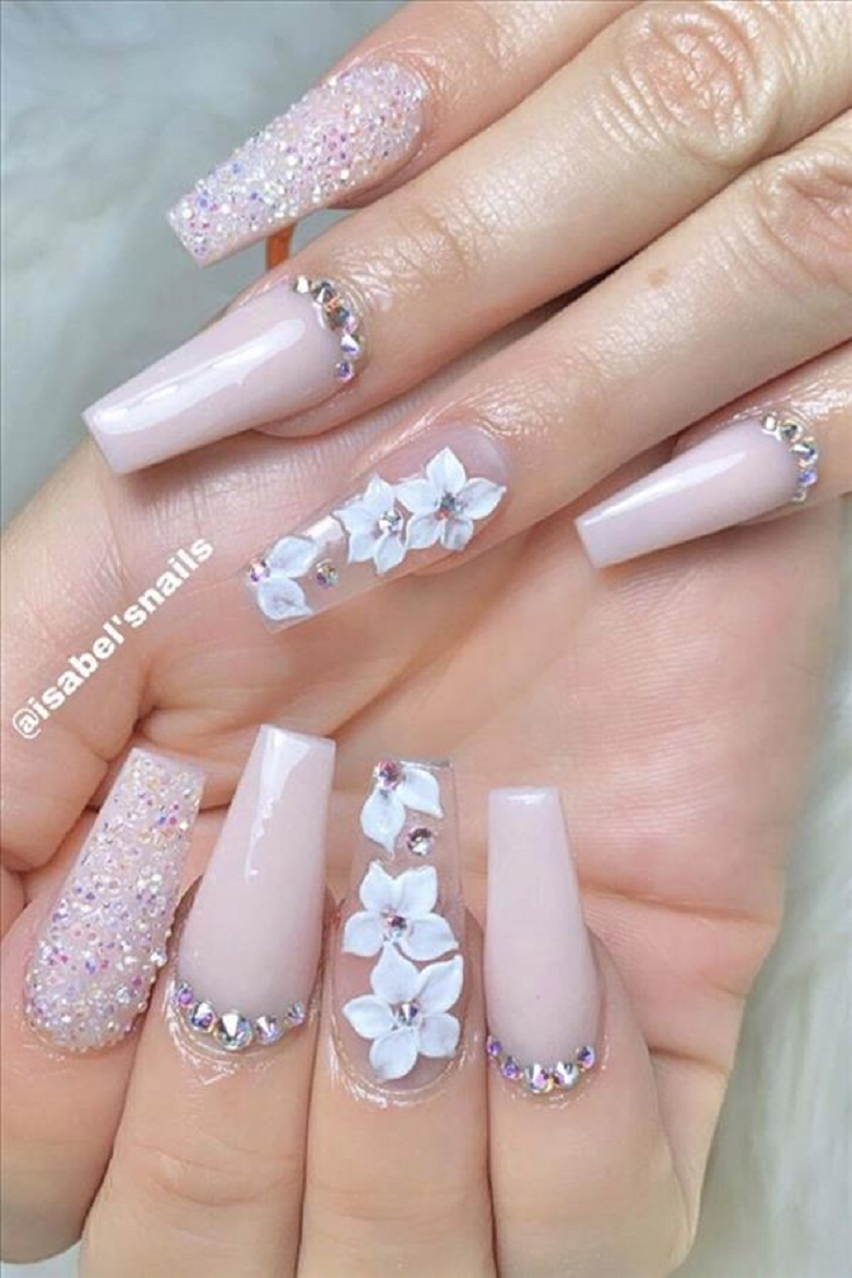 Bling fingernails Glittering Flowers Inspired Nail Art with Rhinestones