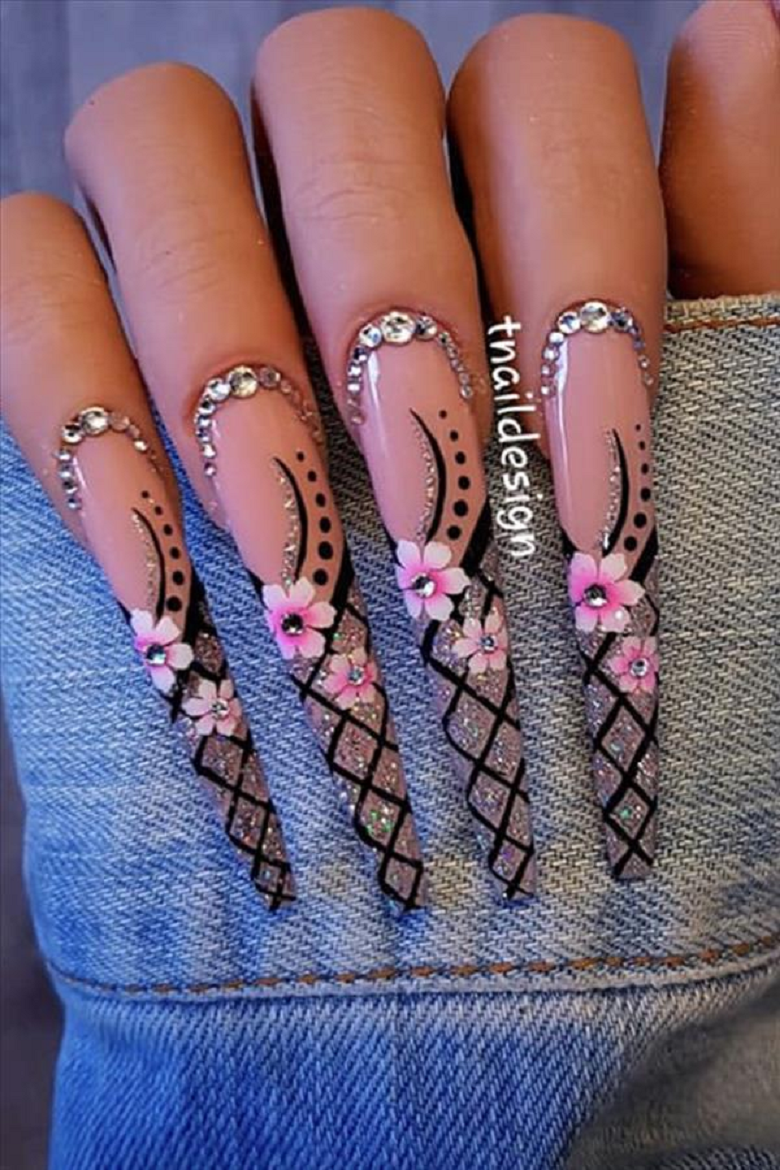 Bling fingernails Really Long Nails with Black Nail Polish and Glittering Polish with Rhinestones