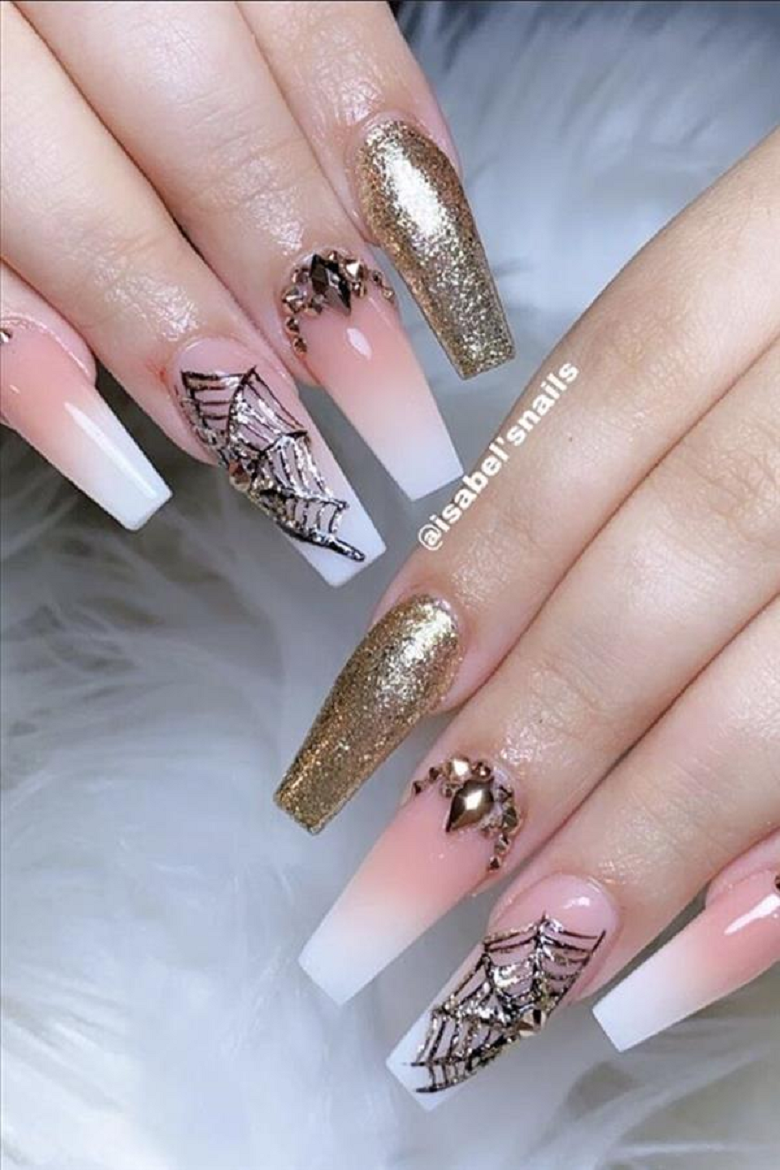 Bling fingernails Spider Web Inspired Nail Art with Rhinestones