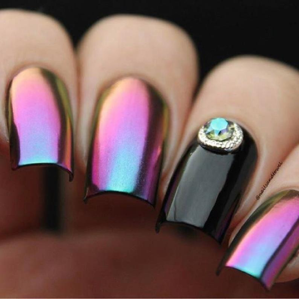 Bling fingernails Well Shaped Multi Chrome Effect Nail Polish with Rhinestones