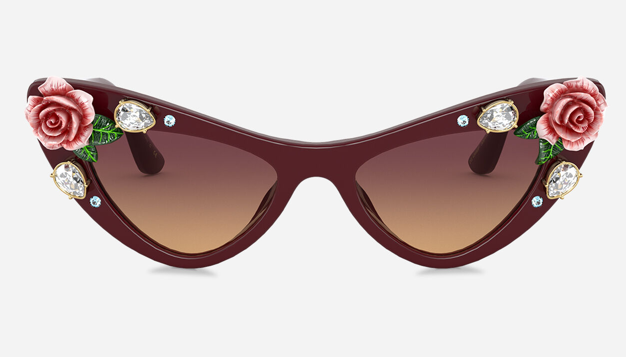 Bling sunglasses Dolce & Gabbana - Bordeaux Acetate Frame with Roses and Crystals with Orange Lense