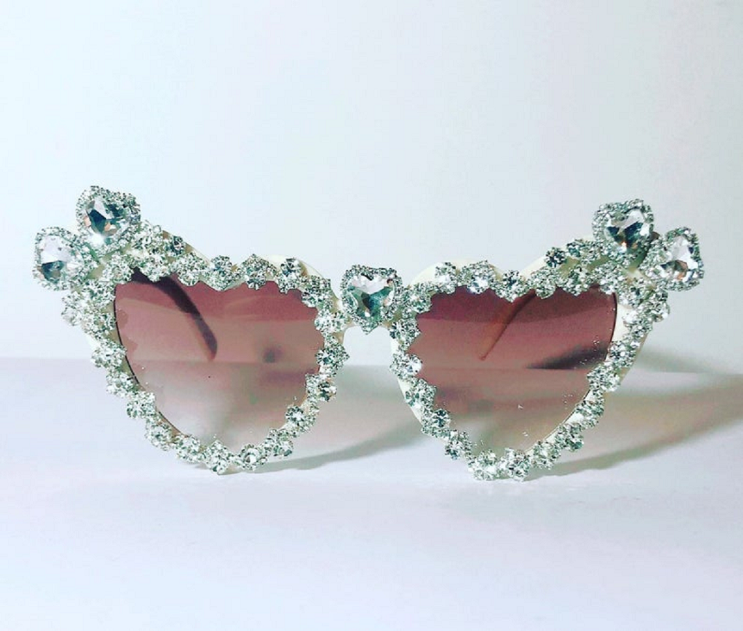 Bling sunglasses Bride Festival Silver Heart Shaped Sunglasses Embellished with Rhinestones