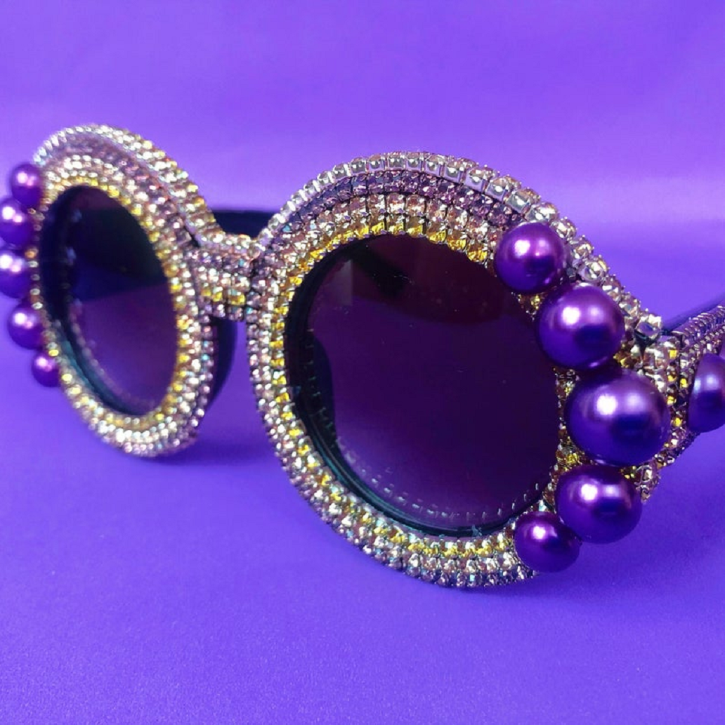 Bling sunglasses Glittering Purple Rhinestones & Pearl Embellished Jewelled Bling Oversized Round Sunglasses