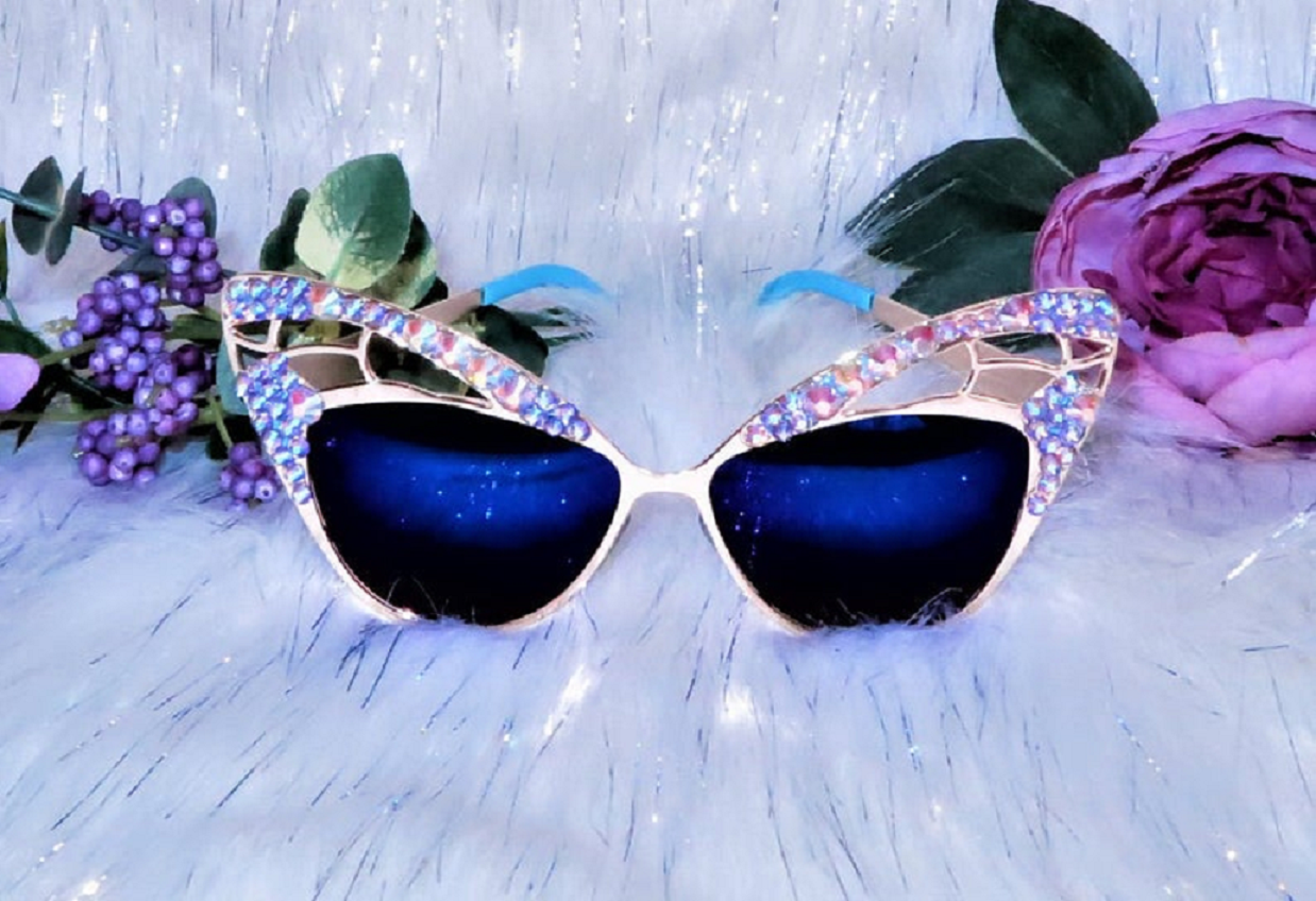 Bling sunglasses Purple Festival Butterfly Bling Frame with Mirror Lens Embellished Shades