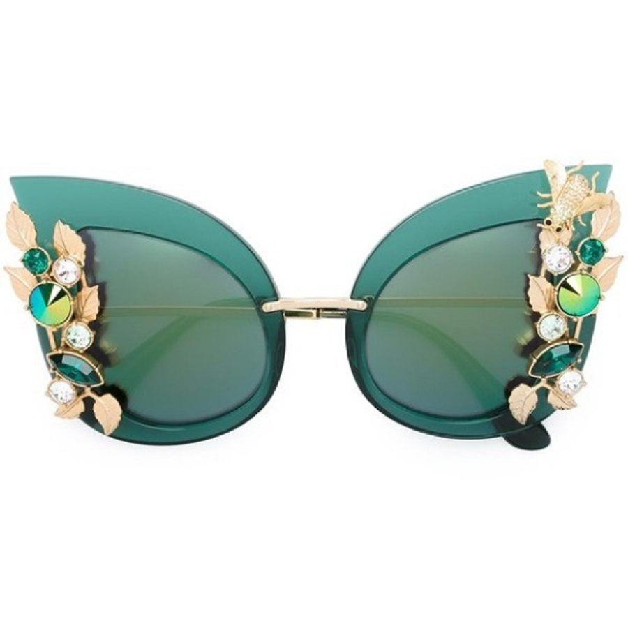 Bling sunglasses Glittering Green Butterfly Shaped Sun Glasses with Embedded Rhinestones and Green Lenses