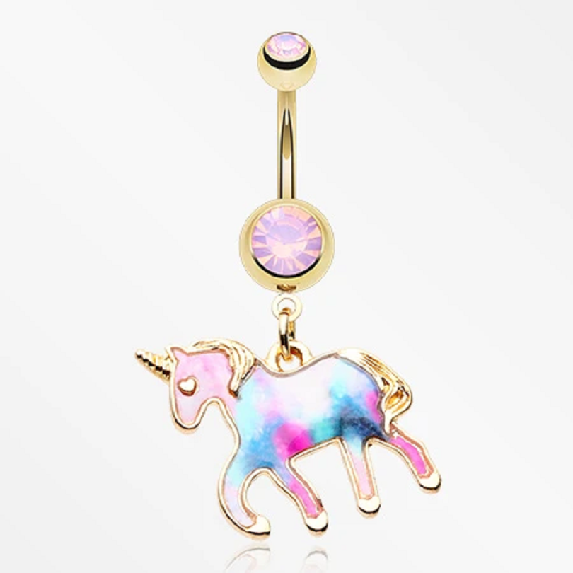 Belly Ring Bling: Golden Magical Unicorn Sparkle Belly Button Ring with Pink Diamond Stones