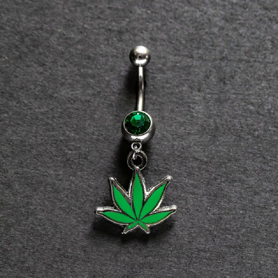 Belly Ring Bling: Pot Leaf Belly Button Piercing Ring with Gemstone