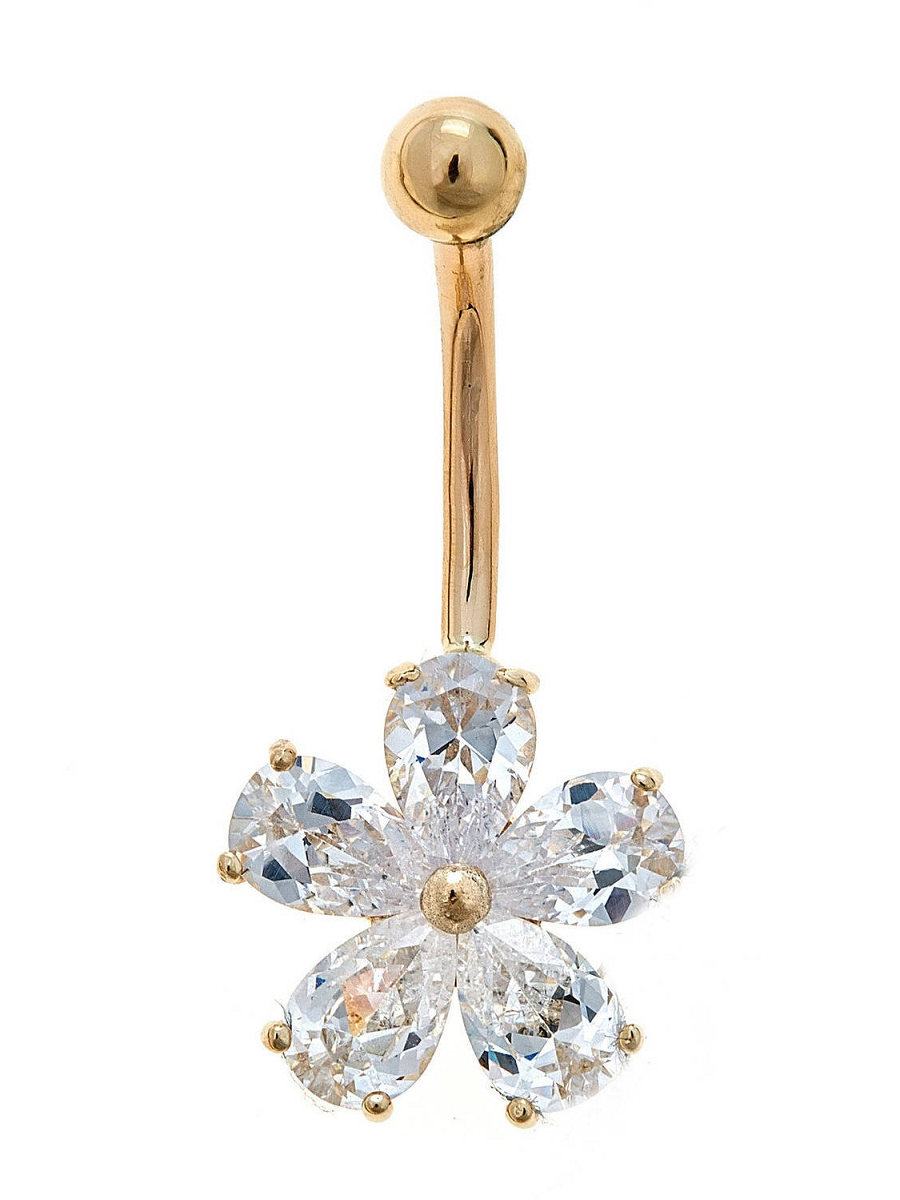 Belly Ring Bling: 10kt Solid Yellow Gold Belly Ring With Flower Shaped Cz Design