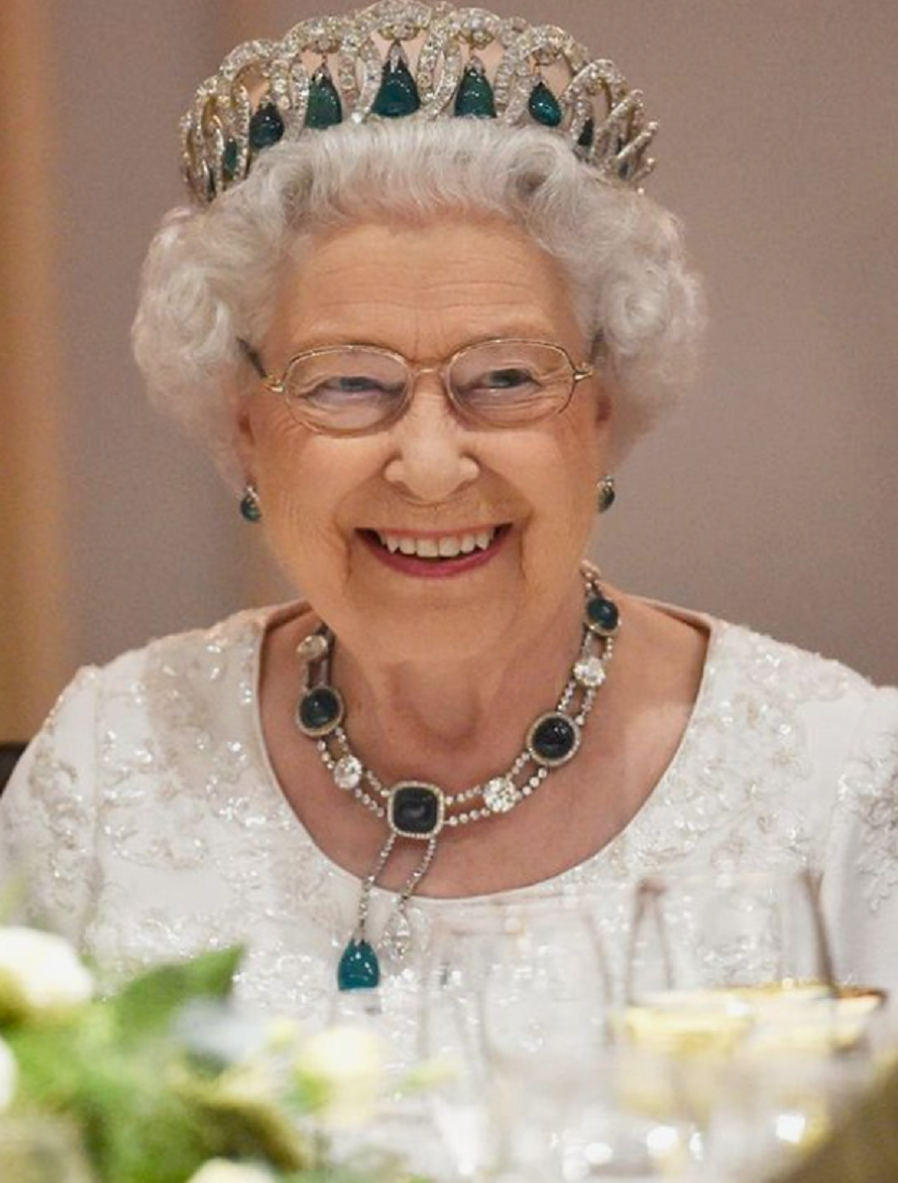 Royal bling Queen Elizabeth II’s Emerald Green Stone with White Diamond Tiara and Matching Necklace and Earrings