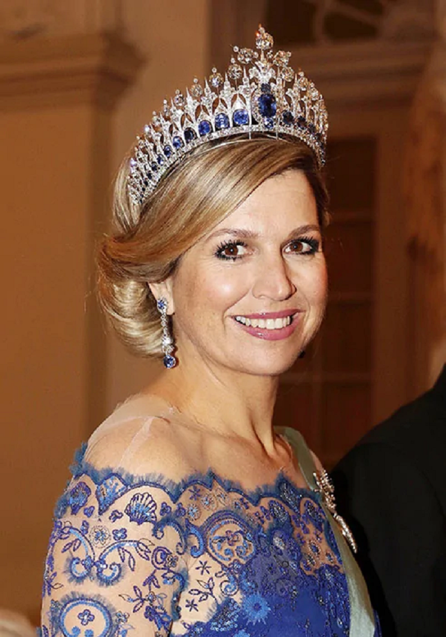 Royal bling Queen Maxima Wearing Her Glittering Tiara with Sapphire Stones and Clear Diamonds