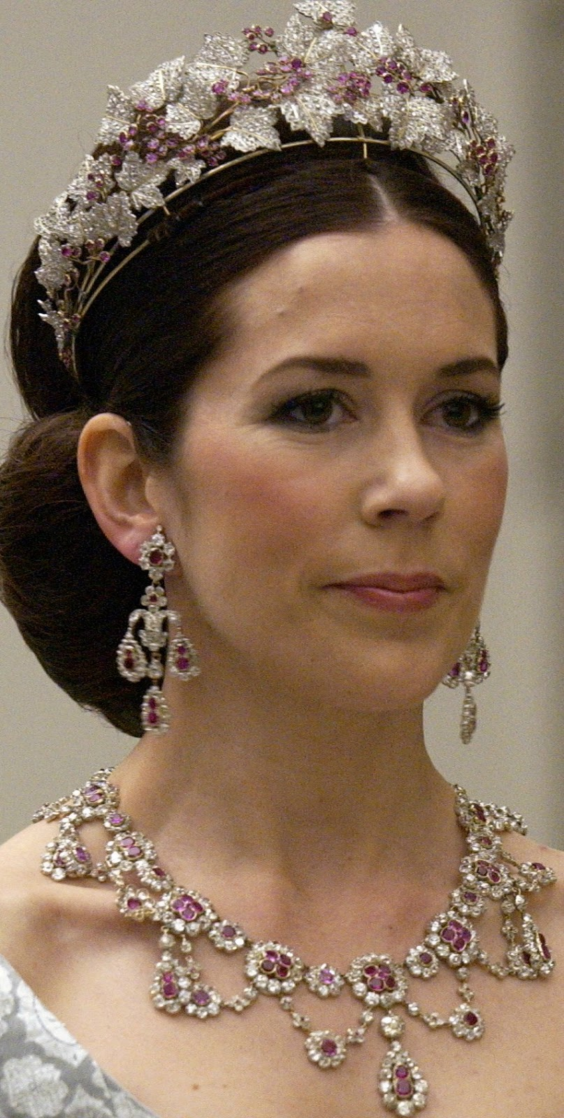 Royal bling Princess Mary of Denmark Wearing Queen Ingrid's Ruby Parure Tiara with Matching Earrings and Necklace