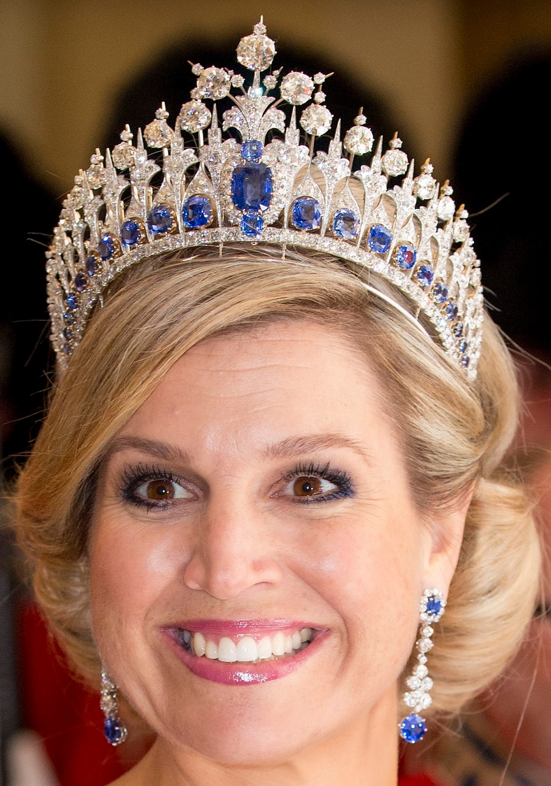 Royal bling Queen Maxima of The Netherlands Wearing Her Sapphire Parure Tiara with Matching Earrings