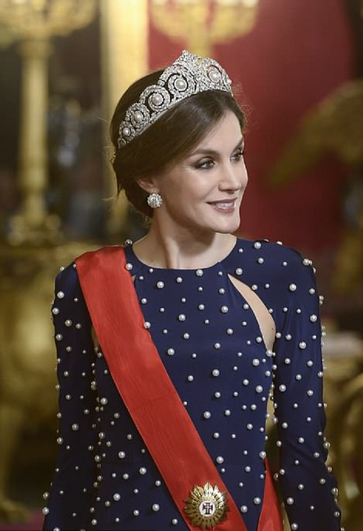 Royal bling Queen Letizia of Spain Wearing Her Heirloom Diamond Tiara with Matching Glittering Studs