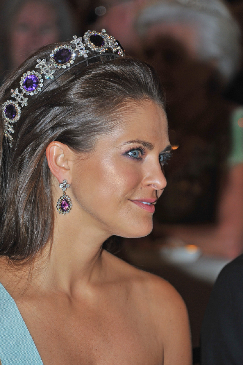 Royal bling Princess Madeleine of Sweden Wearing Her Glittering Diamonds with Sapphire Gems and Matching Drop Earrings