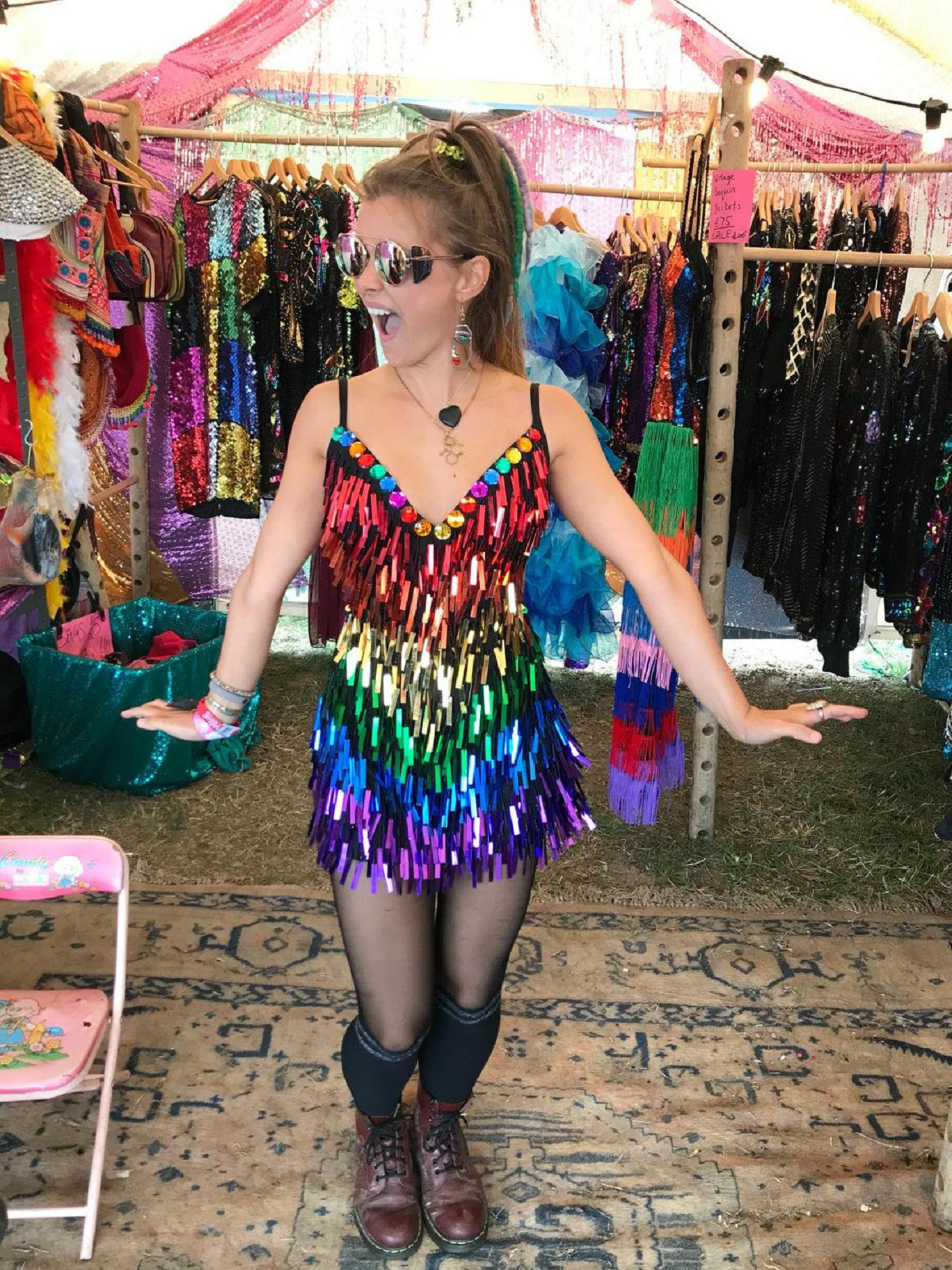 Best bling dresses online 2021 Glittering Rainbow Sequin Short Dress with V-Neck and Sleeveless