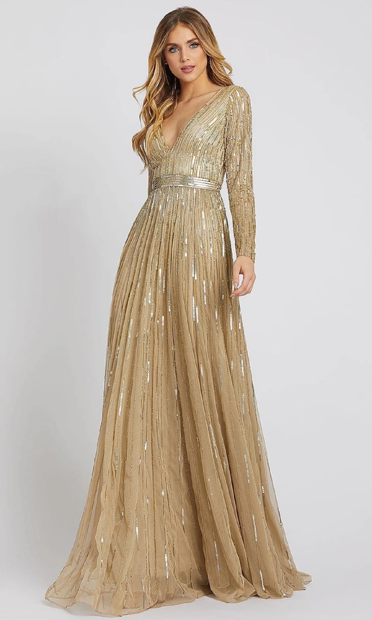 Best bling dresses online 2021 Glittering Gold Sequin with Long Sleeves and Deep V-Neck A-Line Gown