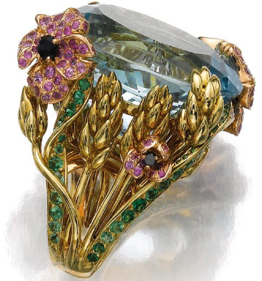 Best massive bling rings 2021 Circular-Cut Blue Diamond with Pink Diamond Flowers and Wheat Sheaves Ring