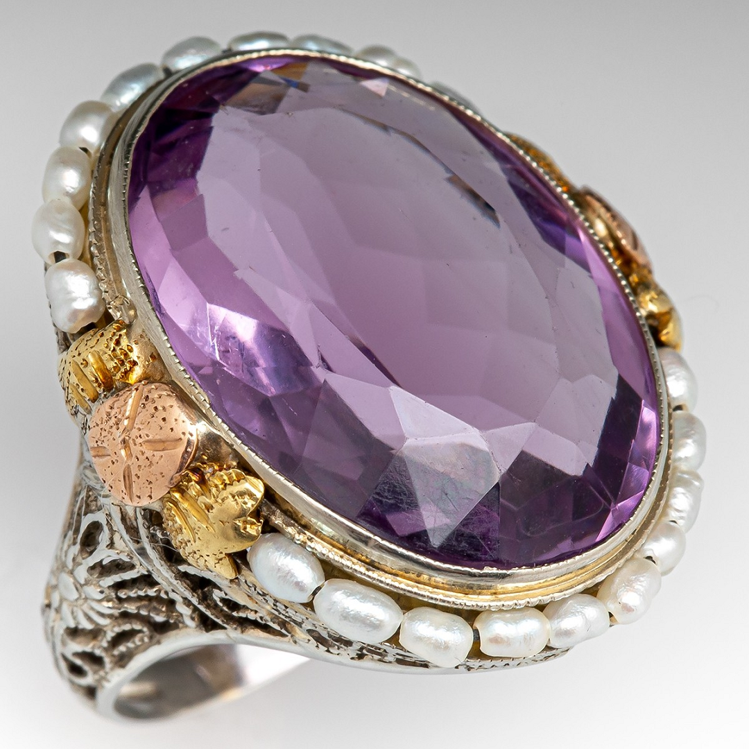 Best massive bling rings 2021 Glittering Vintage Amethyst Diamond Ring with Pearls in White Gold