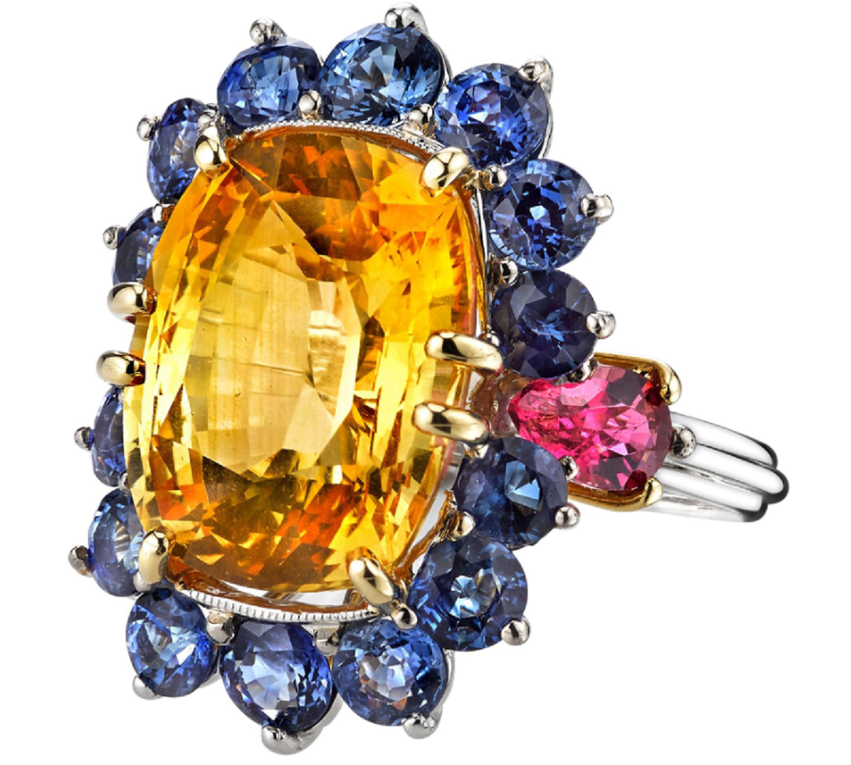 Best massive bling rings 2021 Elegant Yellow Sapphire, Blue Sapphire and Pink Tourmaline Platinum Cluster Diamond Ring