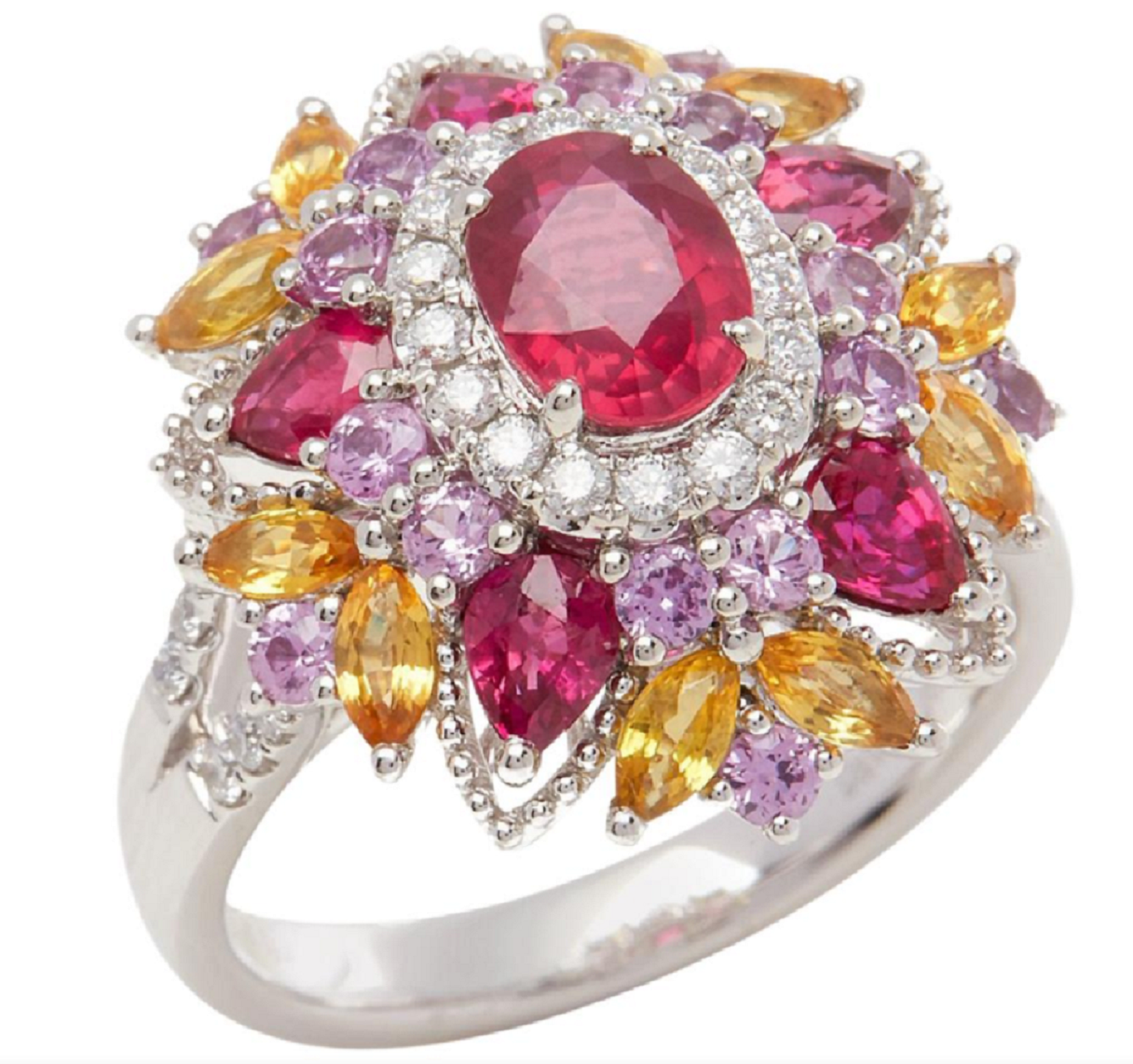 Best massive bling rings 2021 Glittering Platinum with Ruby, Diamond, Pink and Yellow Sapphire Cluster Ring