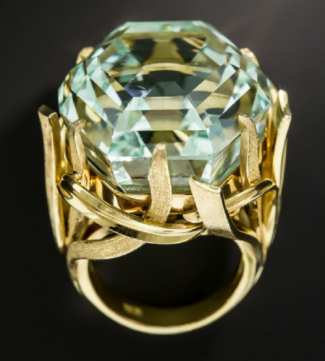 Best massive bling rings 2021 Elegant 70 carat , Enchanting Hexagonal Minty Green Gemstone Enveloped In Flowing Ribbons 18K Yellow Gold Ring