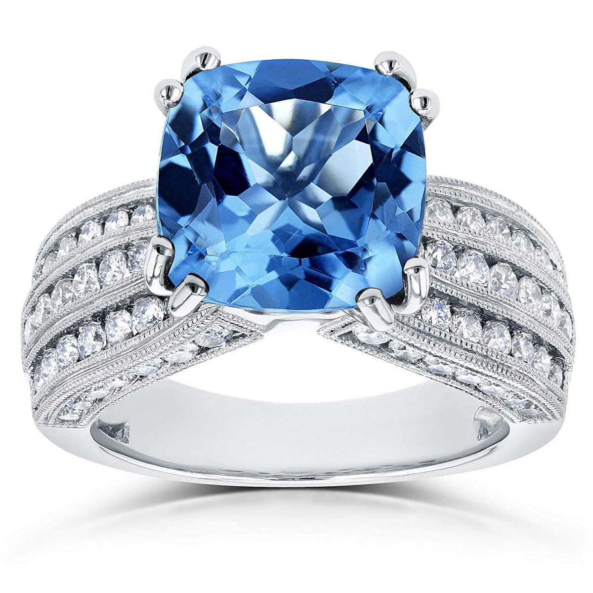 Best massive bling rings 2021 Glittering Cushion Cut Blue Topaz Stone with 3 Row Diamonds on Sterling Silver Ring