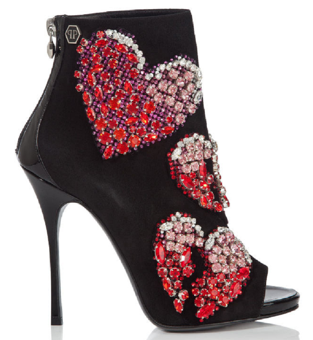 Best Women's Bling Heels 2021:  High Heel In Black with A Peep Toe and Zipper and Heart Design Rhinestones