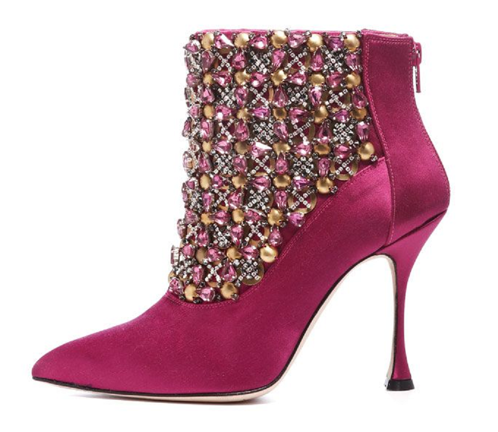 Best Women's Bling Heels 2021: Purple Leather Pointed High Heels Boots with Beads and Rhinestones On The Front Side